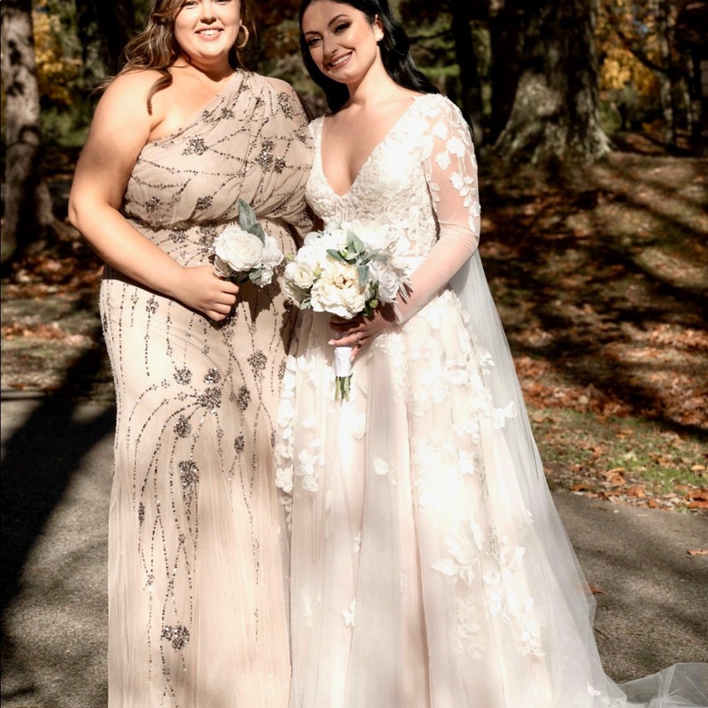 Adrianna Papell One shoulder beaded dress in nude